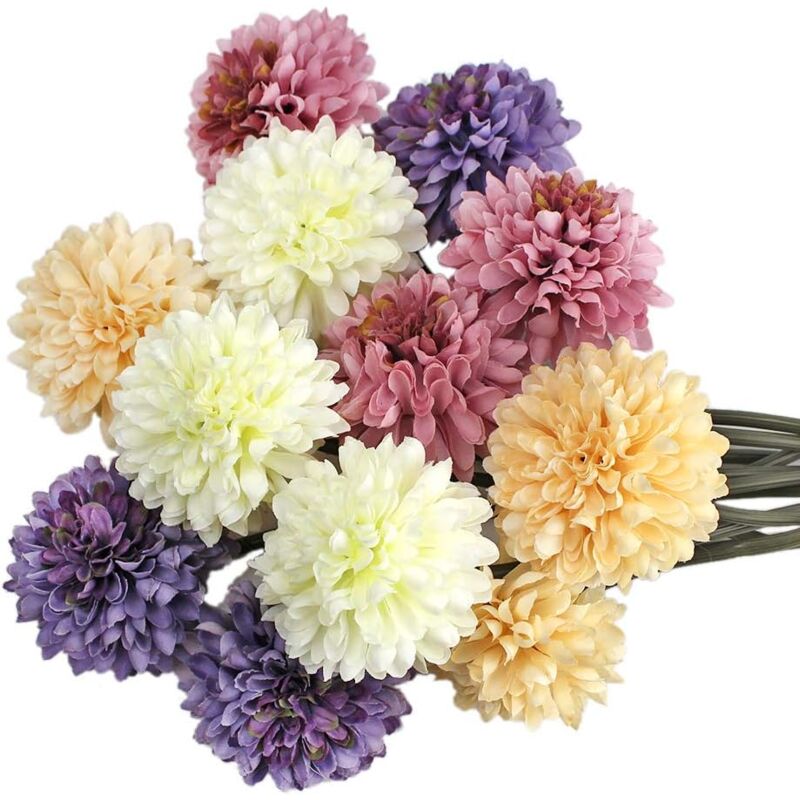 Lot de 12 fleurs artificielles, chrysanthèmes artificiels 4 couleurs + ficelle de jute + carte de vœux, bouquet d'hortensia en soie pour mariage,