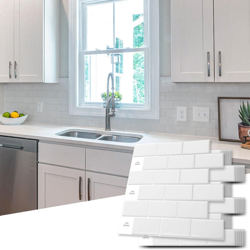 SNQ - Lot de 10 Pièces,Carrelage Autocollant Blanc,Crédence Adhésive Cuisine Salle de bains,Papier Adhesif en Vinyle 3d Brique,30x30cm,