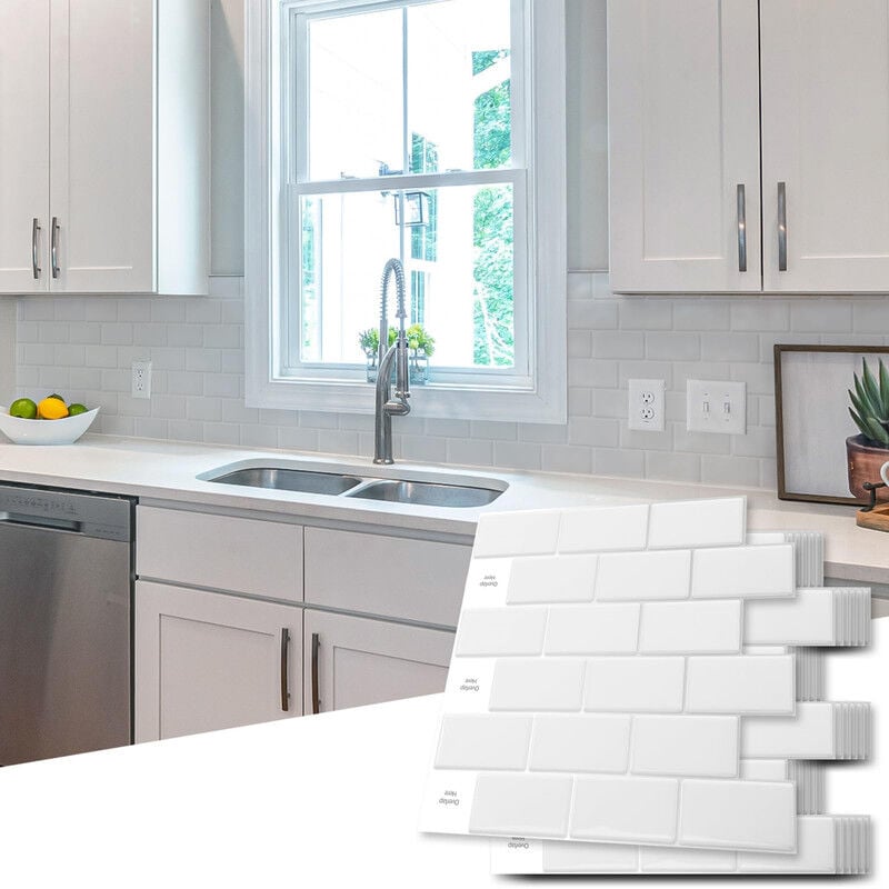 Lot de 10 Pièces,Carrelage Autocollant Blanc,Crédence Adhésive Cuisine Salle de bains,Papier Adhesif en Vinyle 3d Brique,30x30cm Ouylaf