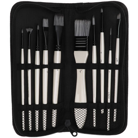 Lot de 10 pinceaux à peinture en nylon, tailles variées, manche en bois pour aquarelle et techniques artistiques
