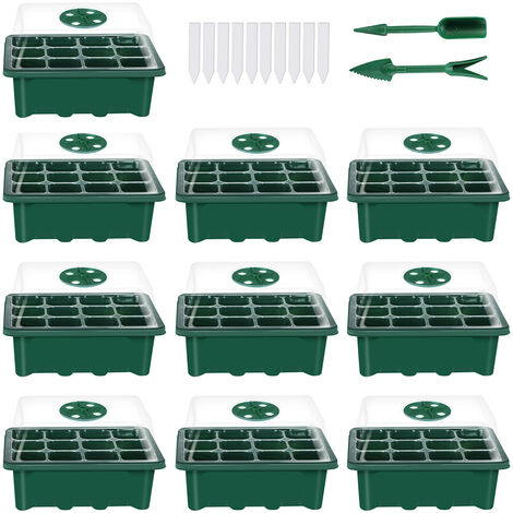 Lot de 10 plateaux de semences plateau de démarrage pour semis (12 cellules par plateau) avec couvercles en dôme réglables et base plus kit d'outils à main pour étiquettes de plantes (vert)