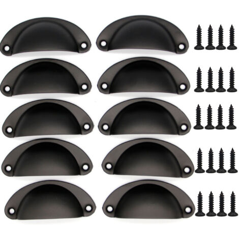 Lot de 10 poignées de coquille rétro en fer noir – Dimensions 82 x 35 mm – Entraxe 66 mm – Inclus 20 vis pour installation facile