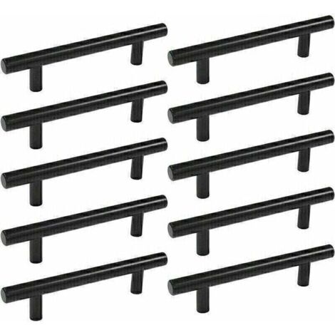 Lot de 10 poignées de porte de cuisine en T (250 mm), acier inoxydable, espacement des trous : 160 mm, pour armoires de cuisine, noires