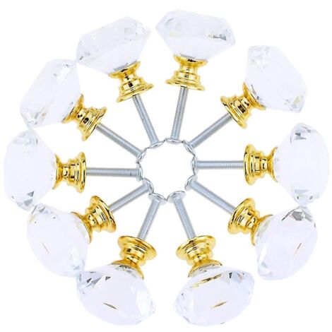 Lot de 10 poignées de porte de tiroir en cristal de 30 mm, poignée bouton à un trou avec fond doré transparent en forme de diamant.