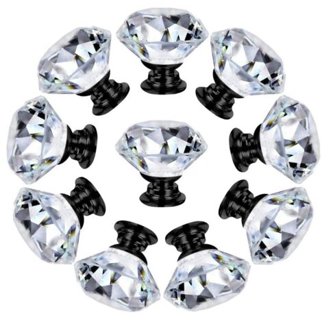 Lot de 10 poignées de porte en verre cristal transparent effet diamant pour meubles, tiroirs et placards.
