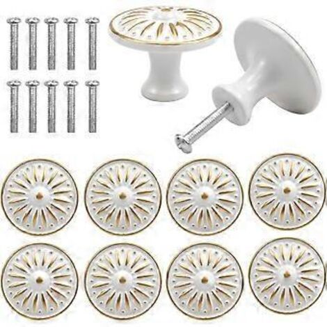 Lot de 10 poignées de porte/tiroir vintage rondes en laiton de 30 mm pour meubles, cuisine, chambre d'enfant (blanches)