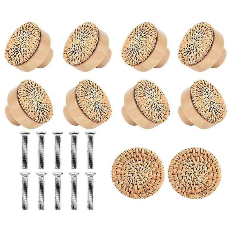Lot de 10 poignées en bois de hêtre et rotin pour tiroir, meuble, cuisine, placard, porte, commode