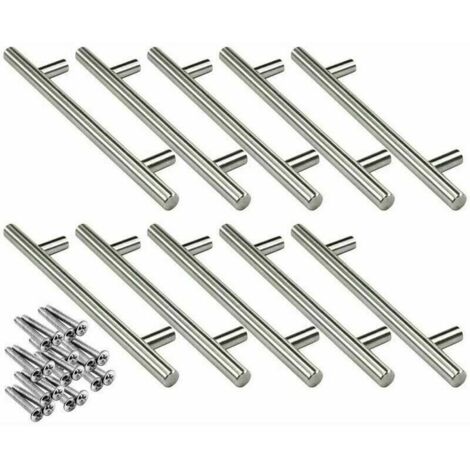 Lot de 10 poignées en T en acier inoxydable de 160 mm pour portes d'armoires de cuisine, diamètre 12 mm, avec vis.