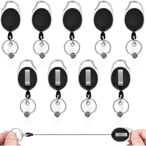 Lot de 10 Porte-Clés Rétractables avec Cordon Résistant de 63 cm, cordon rétractable Avec Enrouleur de Ceinture, Porte-Badge Mousqueton Robuste, pour Clés Carte D'identité(Noir)