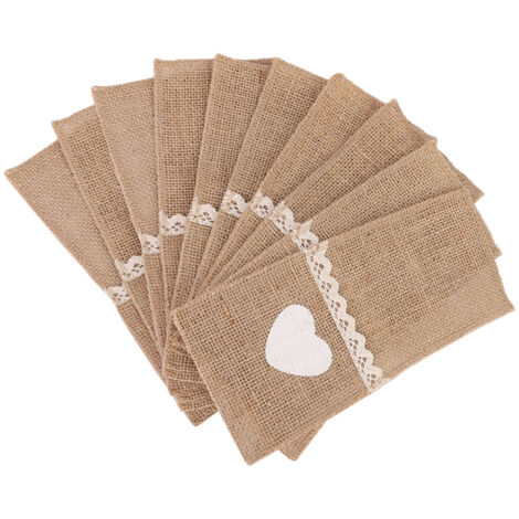 Lot de 10 porte-couverts en dentelle de jute, pochettes pour couteaux et fourchettes en toile de jute, idéales pour la décoration de mariages, de fêtes de Noël et autres occasions. Porte-couverts de c
