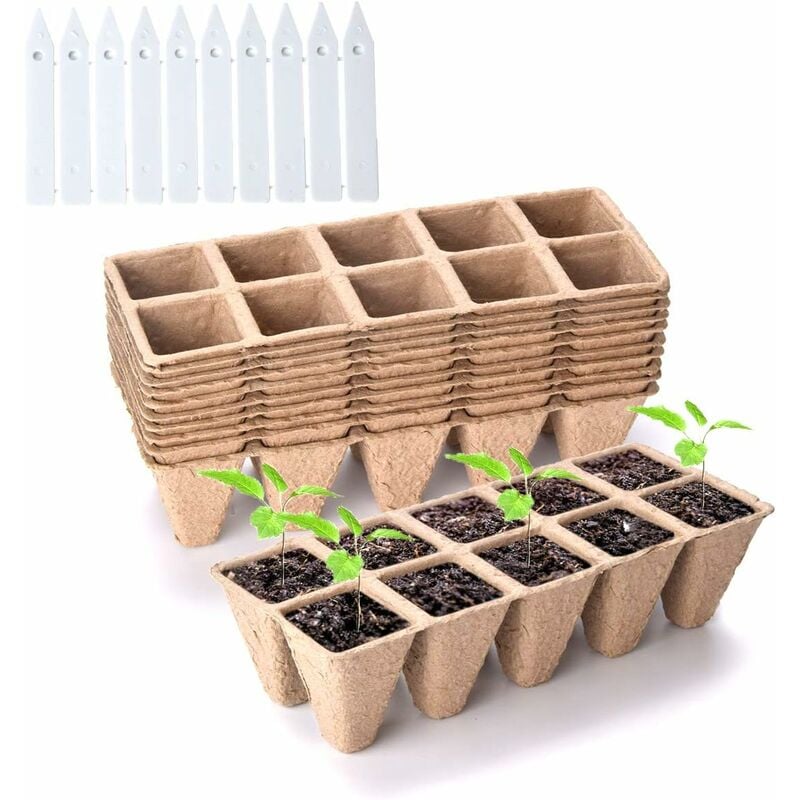 Ersandy - Lot de 10 pots de tourbe, 100 cellules biodégradables pour semis d'intérieur et d'extérieur, comprend 10 étiquettes en plastique pour