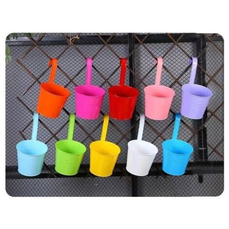 Lot de 10 Pots Suspendus en Métal avec Trou de Drainage et Crochet Amovible - Assortiment de Couleurs