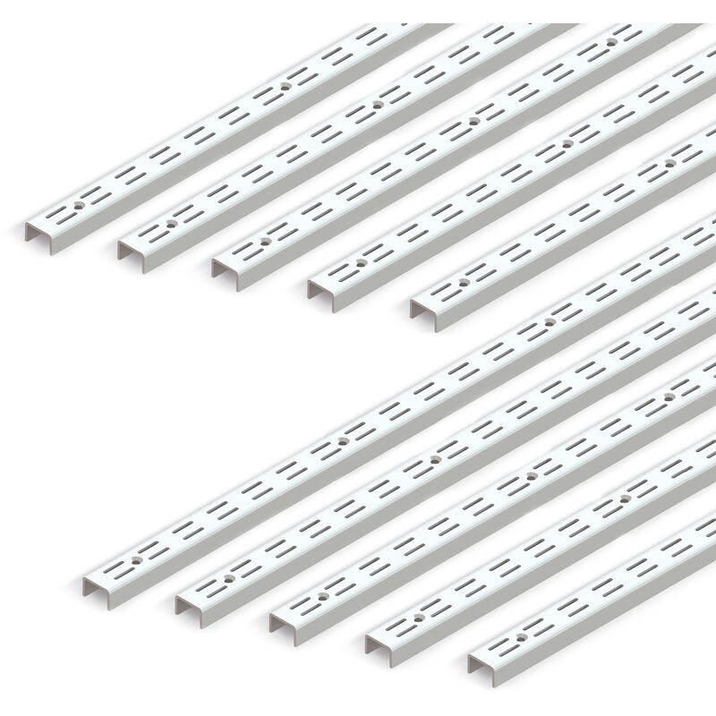 Lot de 10 profilés de montage mural Jagmet à double rainure avec un pas de 32mm, longueur 951mm, Acier, Peint en blanc - Emuca