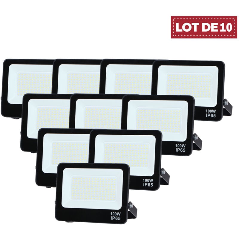 Digilamp - Lot de 10 - Projecteur Lampe 100W Noir 6500K Étanche IP65 10000lm Extra Plat