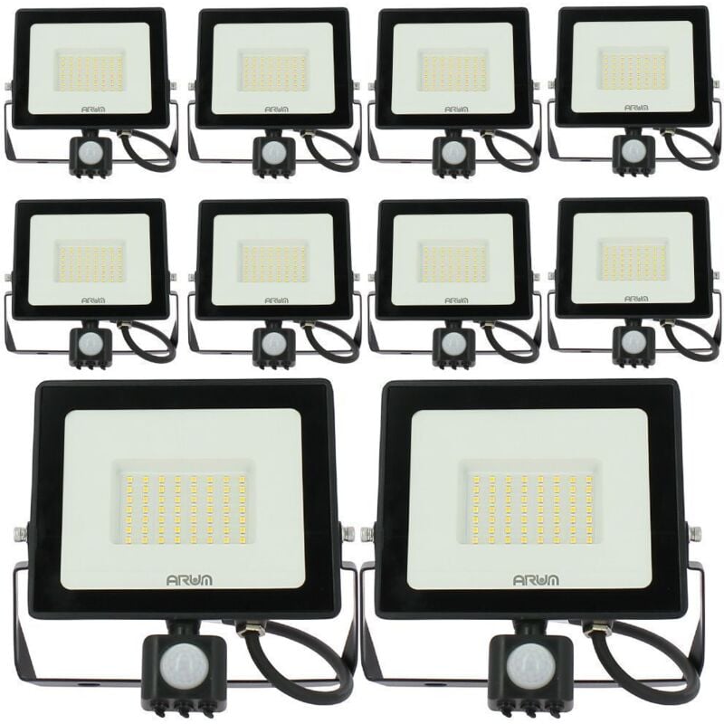 Lot de 10 Projecteurs led 50W Noir détecteur de mouvement IP44 Température de Couleur: Blanc neutre 4000K