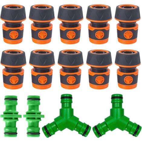 Lot de 10 raccords de tuyau 1/2" + 2 répartiteurs en Y + 2 tuyaux d'arrosage doubles pour robinet, tuyau d'arrosage, arrosage de jardin, lavage de voiture（14pcs）