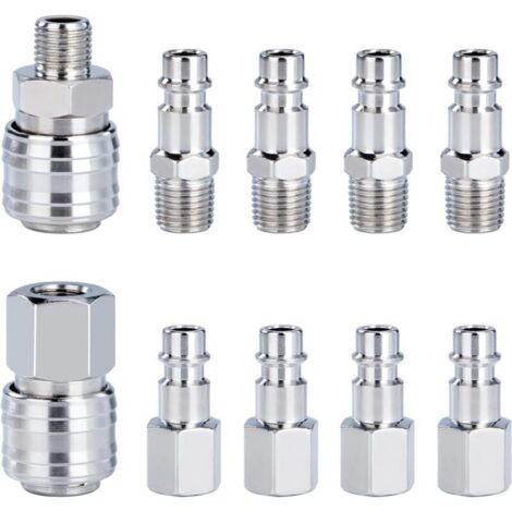 Lot de 10 raccords pneumatiques 1/4' BSP – Connecteurs mâles et femelles – Acier trempé nickelé – Conception étanche à l'air
