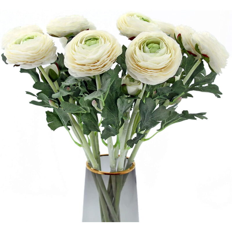 Feiyue - Lot de 10 renoncules à deux têtes, bouquet de fleurs artificielles, grande plante verte élégante pour décoration de maison, jardin, bureau,