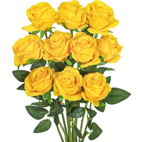 Lot de 10 roses artificielles en soie à longue tige pour bouquet de mariage, centre de table ou décoration d'intérieur (jaune)
