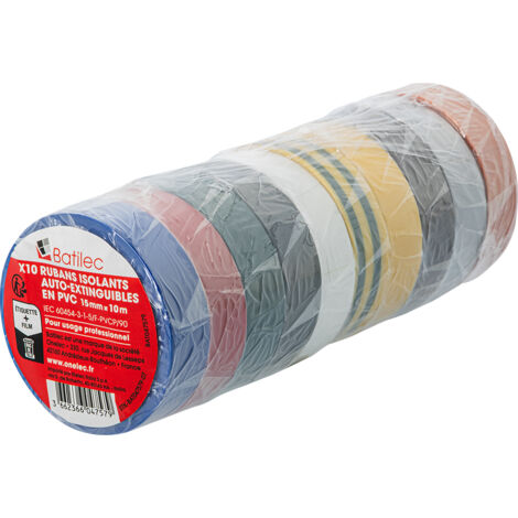 Lot de 10 Rubans Isolants Électriques BATILEC – Panachés – 15 mm x 10 m – 0,15 mm - BATILEC
