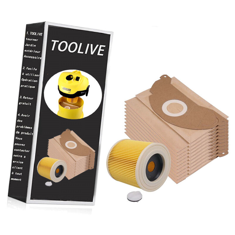 10 sacs d'aspirateur et 1 filtre à poussière adaptés pour aspirateur Kärcher WD2 et MV2. Alternatives pour les sacs filtrants 6.959-322.0 et le