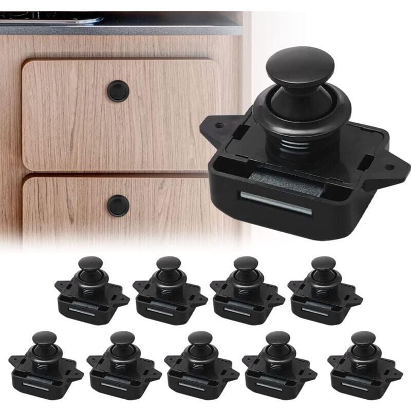 Lot de 10 serrures d'armoire à bouton-poussoir sans clé pour caravanes et fourgonnettes - Noir