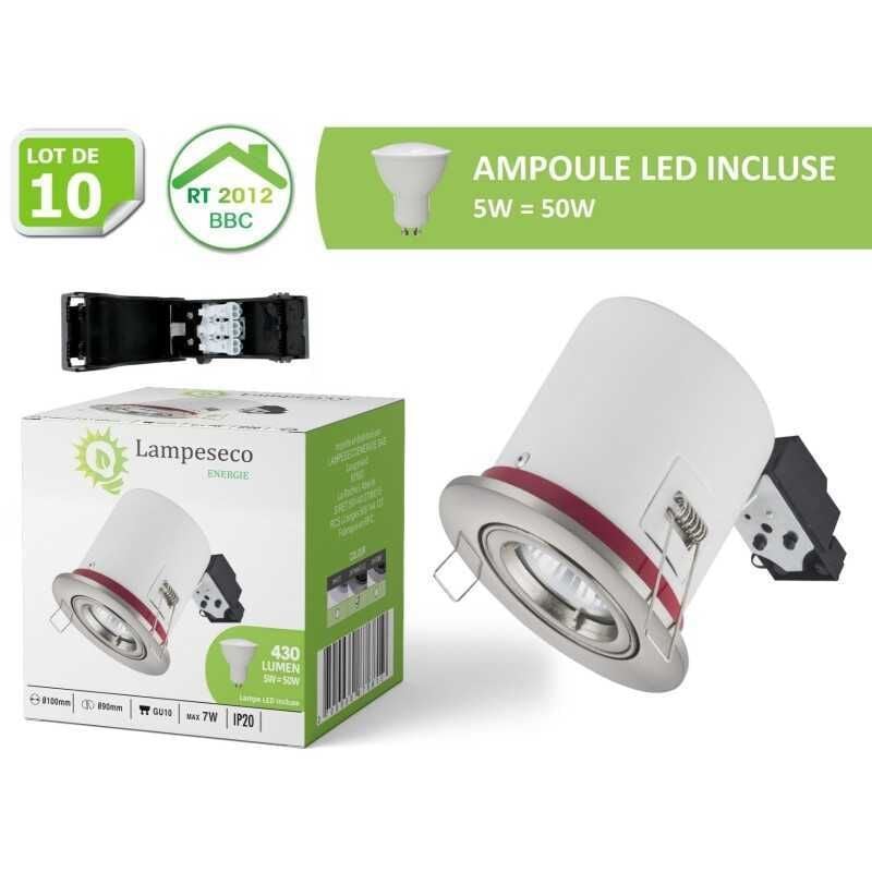 Lot de 10 Spot BBC RT2012 Orientable Inox 100mm avec ampoule Led 5W Blanc Chaud