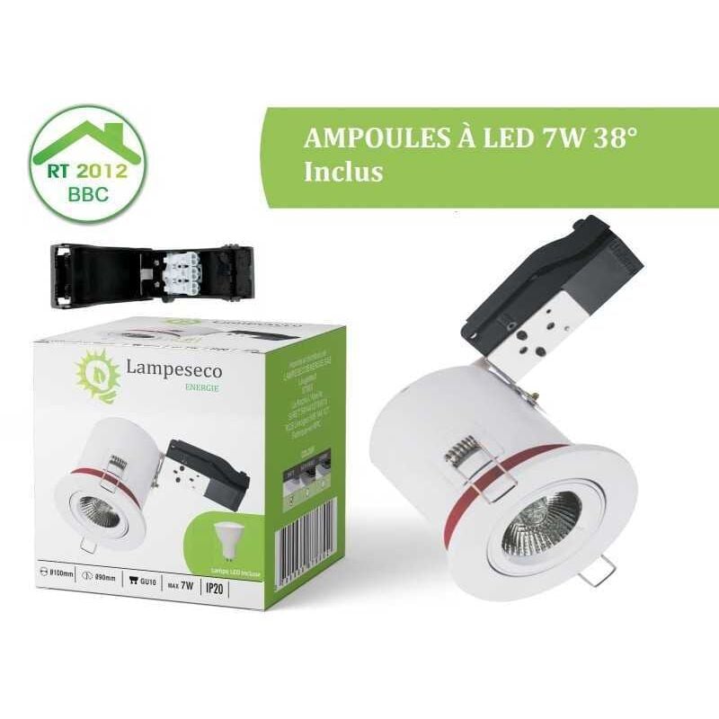 Lot de 10 Spot Encastrable bbc Orientable diametre 100mm avec douille et ampoule GU10 7W Blanc Neutre