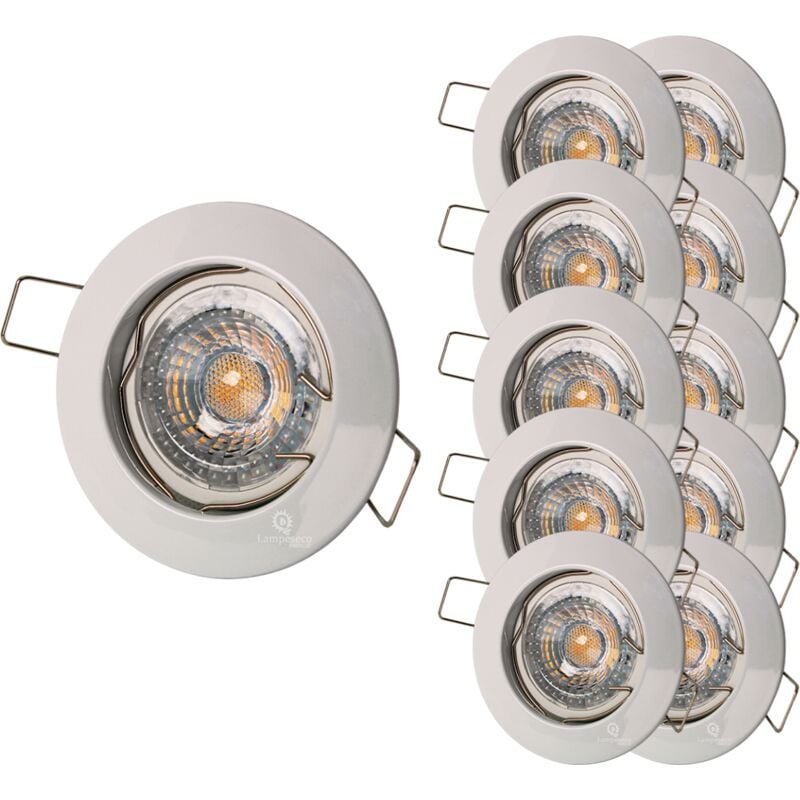Lot de 10 Spot encastrable fixe led blanc avec ampoule gu10 7w 38° blanc chaud