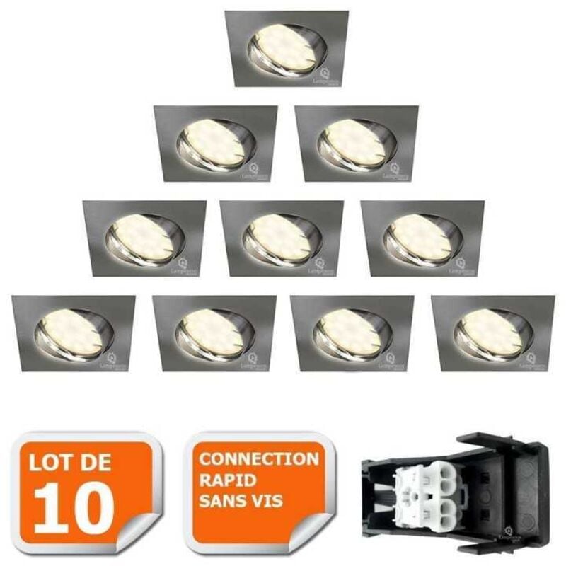 Lot de 10 spot encastrable orientable led carré alu brossé GU10 230V eq. 50W blanc neutre