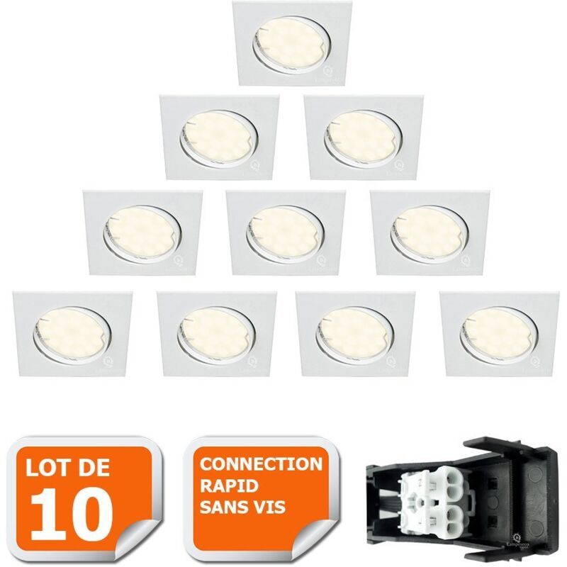 Lot de 10 Spot encastrable orientable led carré GU10 230V équivalent 50W blanc neutre