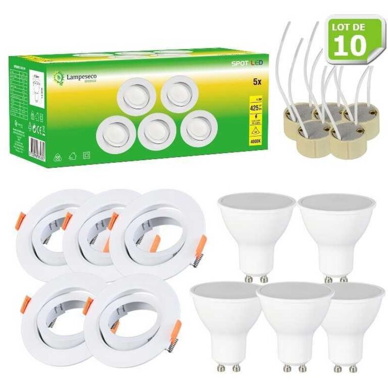 Lot de 10 Spot LED 4.9W 120° GU10 orientable downlight Ø90 Lumière Blanc Neutre