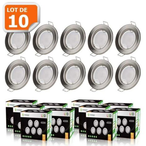 Lot de 10 spot led encastrable complète ronde fixe alu brossé blanc neutre eq. 50w