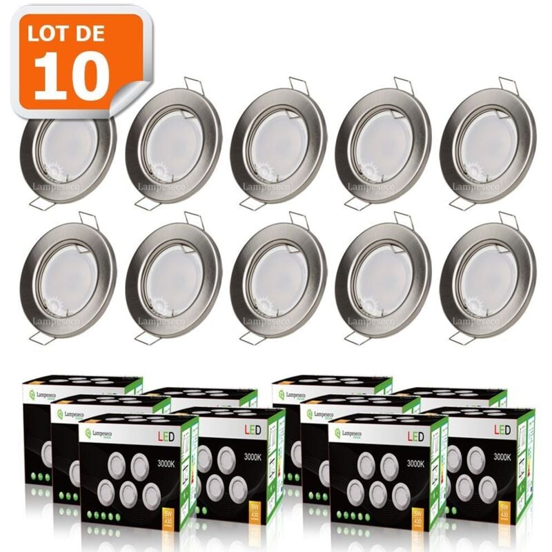 Lampesecoenergie - Lot de 10 spot led encastrable complète ronde fixe alu brossé eq. 50w blanc chaud