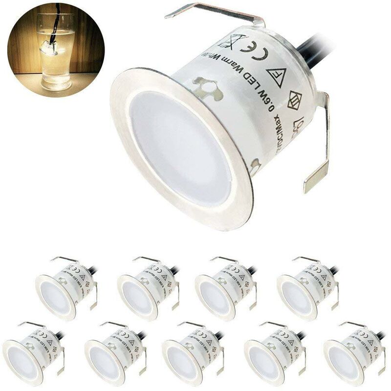 Lot de 10 Spot LED Encastrable Extérieur, IP67 Étanche, Lumière Blanc Chaud 3000K, Lampe de sol 32MM 0.6W DC12V pour Chemin Terrasse Bois Piscine