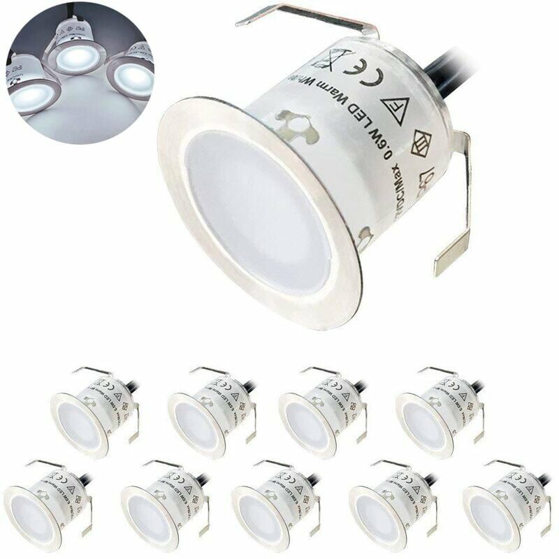 Lot de 10 Spot led Encastrable Extérieur, IP67 Étanche, Lumière Blanc Chaud 3000K, Lampe de sol 32MM 0.6W DC12V pour Chemin Terrasse Bois Piscine