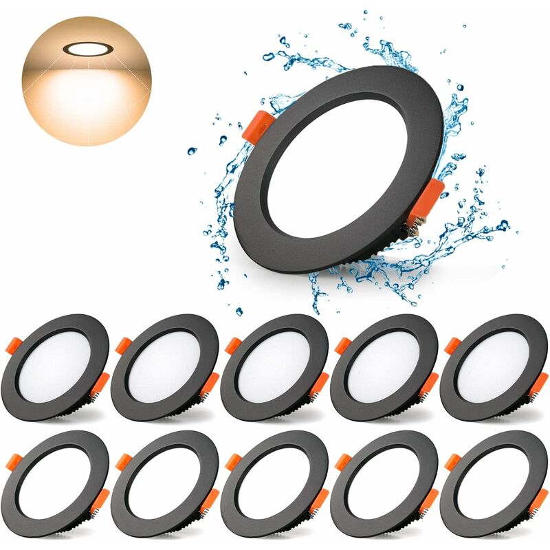Pack de 10, Spot led Encastrable Ultra Plat Noir, 7W, Blanc Chaud 3000K, Découpe 70-80mm, Convient pour Salle de Bain, Cuisine, Salon, Couloir