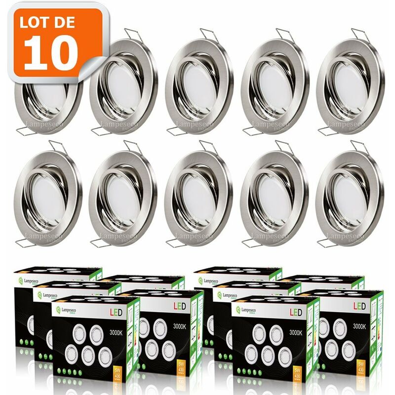 Lot de 10 spot led encastrable orientable alu brossé avec ampoule gu10 230v eq. 50w, blanc chaud