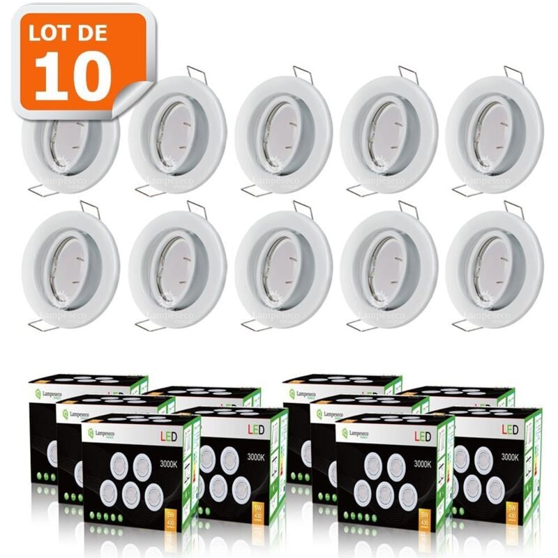 Lampesecoenergie - Lot de 10 Spot led orientable blanc avec ampoule gu10 230v eq. 50w, blanc chaud