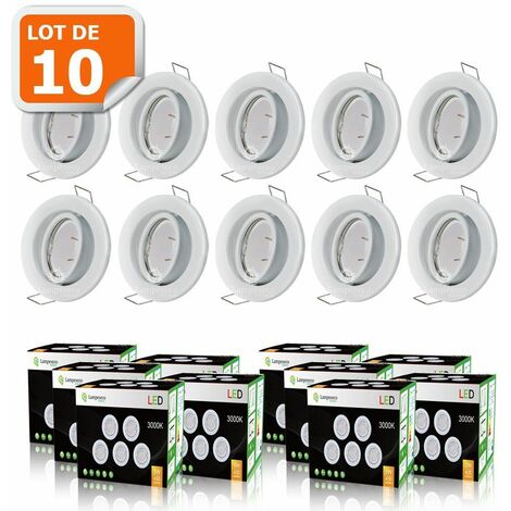 LOT DE 10 SPOT LED ORIENTABLE BLANC AVEC AMPOULE GU10 230V eq. 50W, BLANC CHAUD