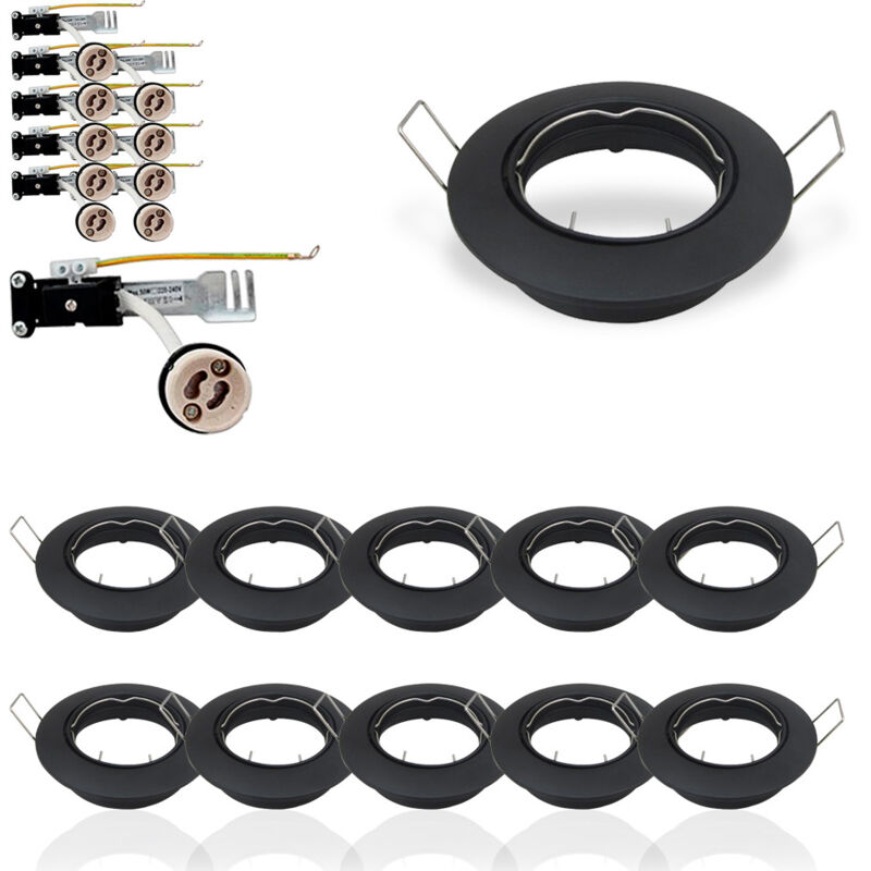 Lot de 10 Supports de plafond Spot Encastrable Noir Orientable Perçage 74mm Support led avec douille GU10 isolée