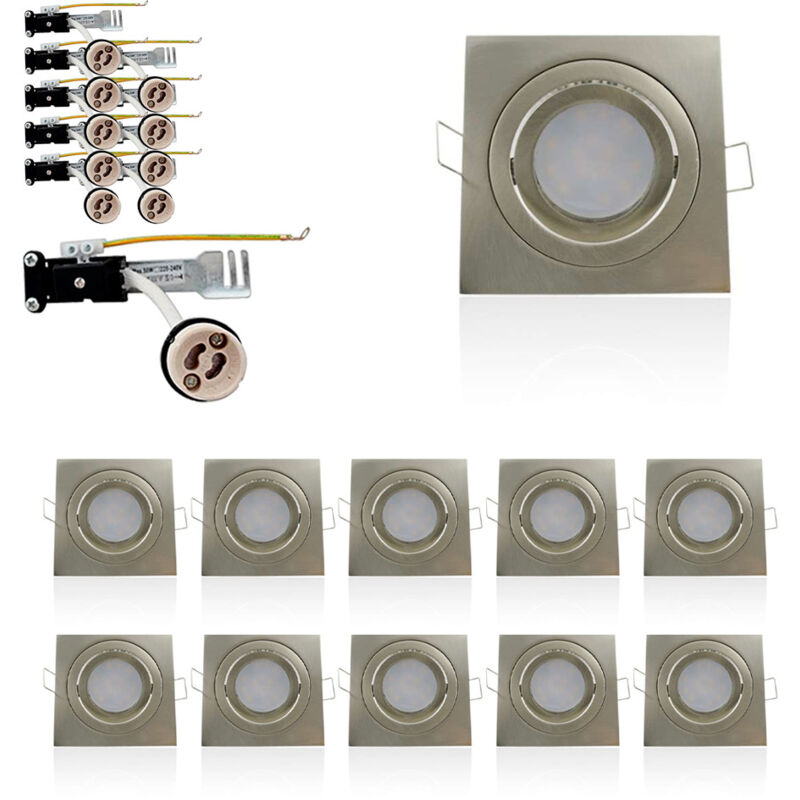Lot de 10 Supports de plafond Support led Encastrable orientable carré blanc perçage 80mm Satin Nickel avec douille GU10 isolée