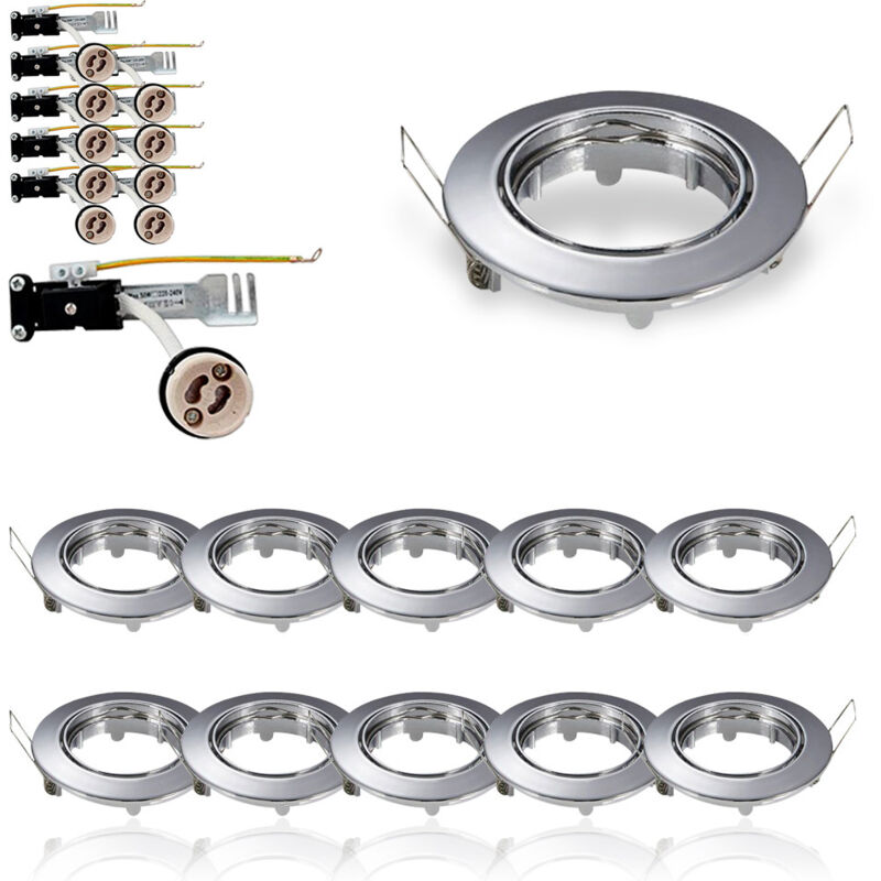 Lot de 10 Supports de plafond Supports led Encastrables Chromé Orientable Perçage 74mm Plafond avec douille GU10 isolée