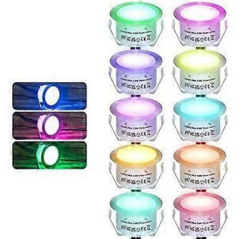 Lot de 10 spots encastrés LED RGBW d'extérieur, diamètre 42 mm, étanches IP67, 0,8 W, avec télécommande à intensité variable.
