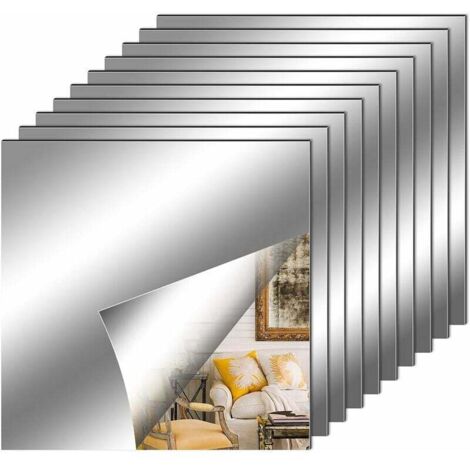 Lot de 10 stickers muraux miroir 30 x 30 cm, miroir carré décoratif adhésif argenté amovible pour salle de bain, salon, chambre