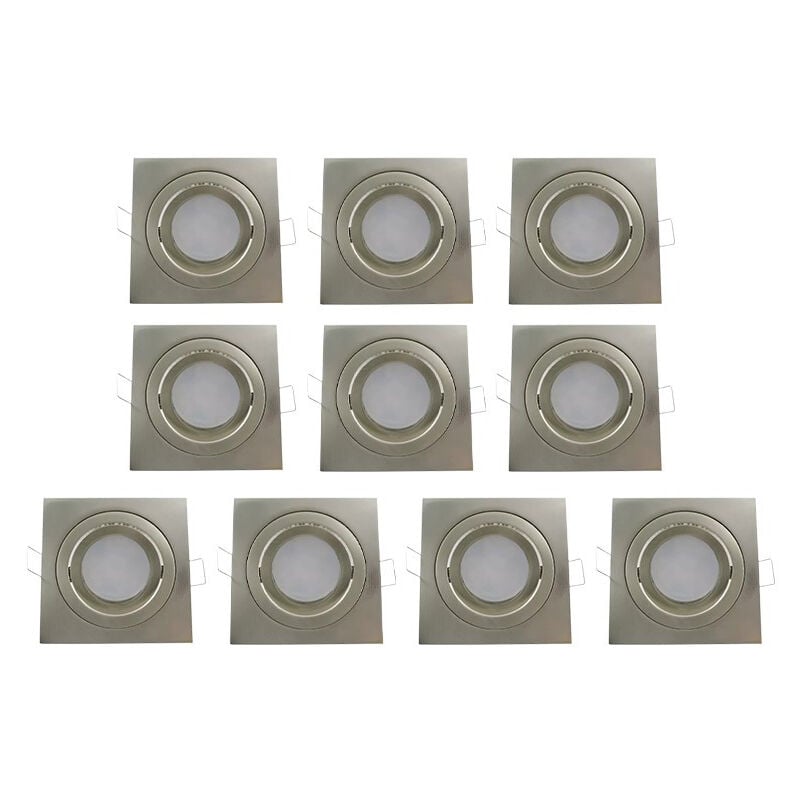 Lot de 10 Supports de Spot Encastrables Carrés Orientables - Aluminium Brossé - Sans Douille
