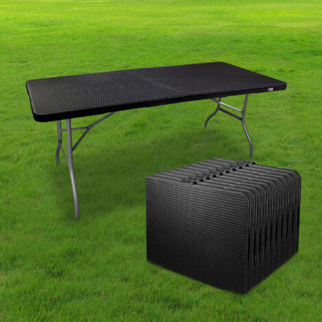 Lot de 10 Table Pliante Effet Rotin 180 cm d'Appoint Rectangulaire Noire - Table de Camping 8 personnes L180 x l74 x H74cm en HDPE Haute Densité Épaisseur 3,5 cm - Pieds Acier Pelliculé-Idéal Mariage
