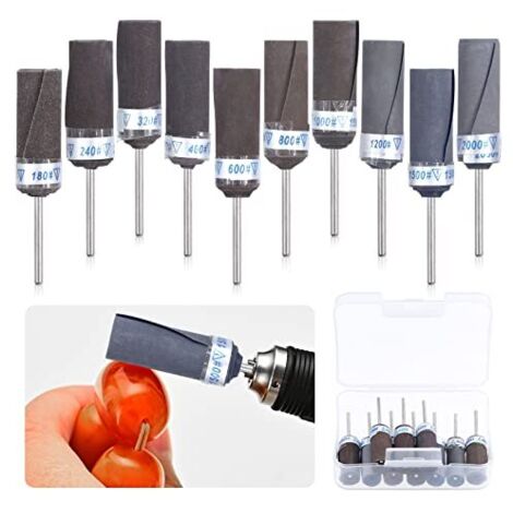 Lot de 10 tambours ponçage, manchons points meulage abrasifs, embouts polissage cylindriques pour outil rotatif 180/240/320/400/600/800/1000/1200/1500/2000 -