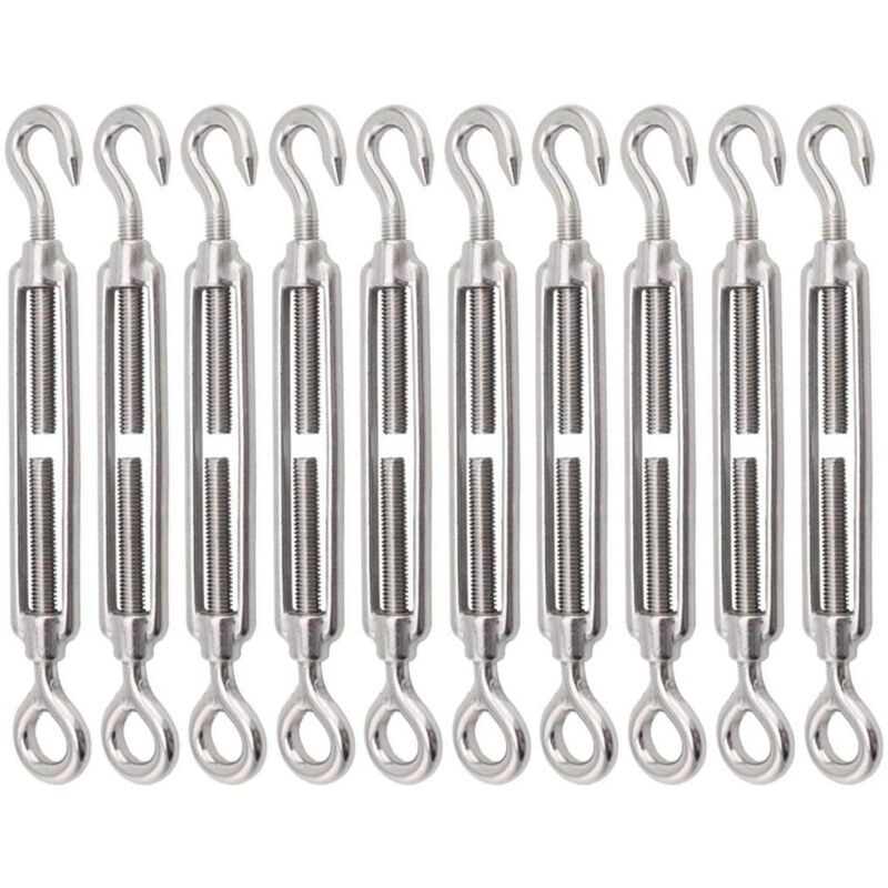 Lot de 10 tendeurs à crochet et œillet en acier inoxydable 304, tendeur robuste M8, matériel réglable pour voile d'ombrage pour serrer les câbles