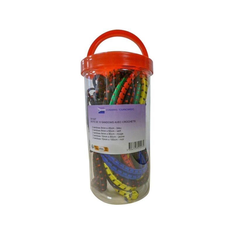 Lot de 10 sandows sur crochets - 8 à 10 mm - 0.45 à 1 m - couleurs assorties - corderies tournonaises